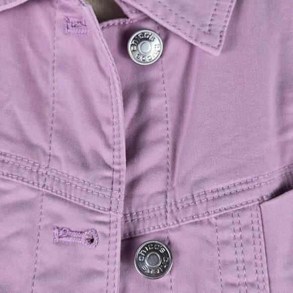 Chico's Size 0 (US Small) Soft Lilac Sateen Jean Jacket Logo Buttons Collar NWT - Picture 3 of 16